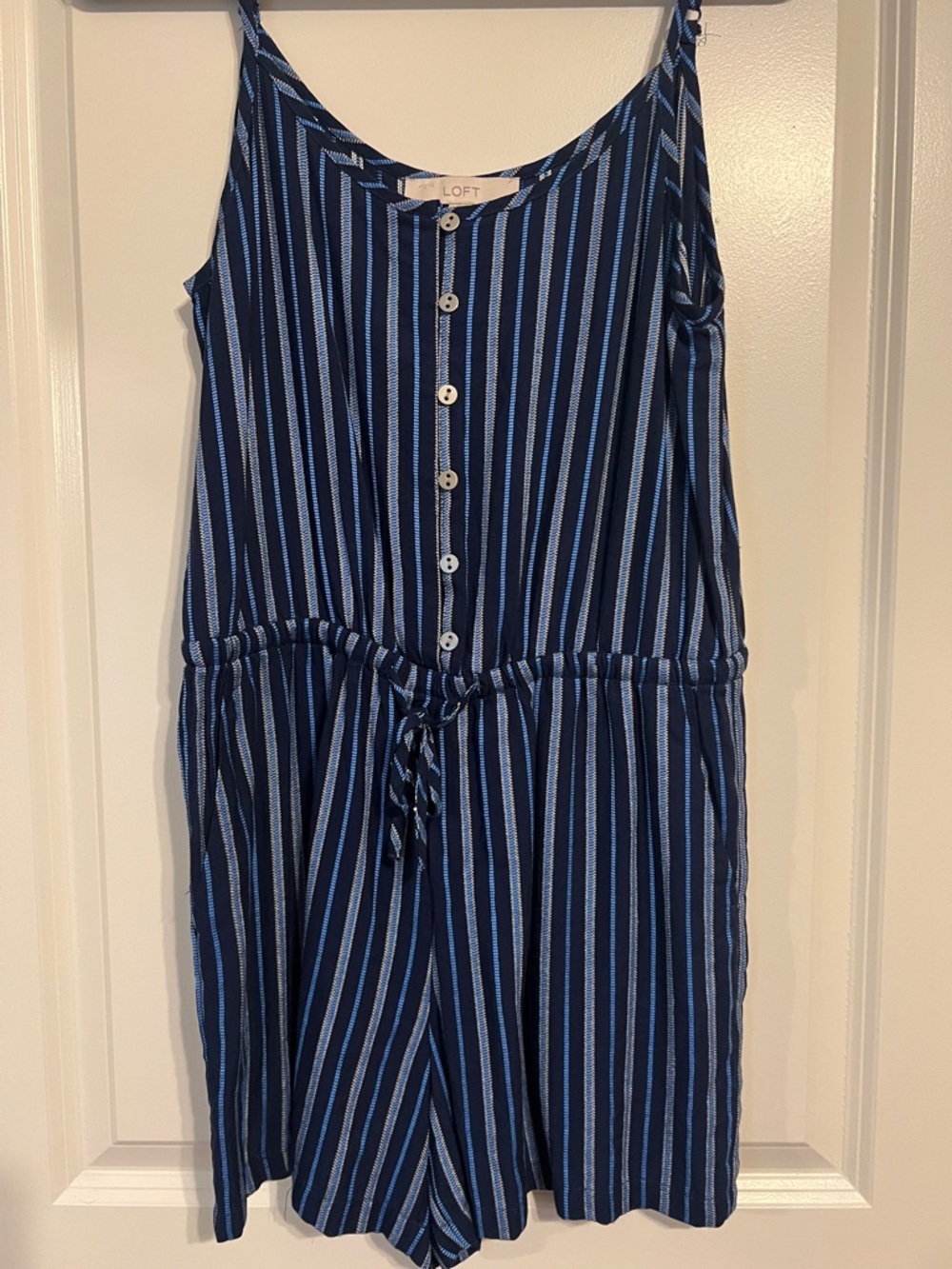 LOFT Navy and Light Blue Striped Sleeveless Button Romper